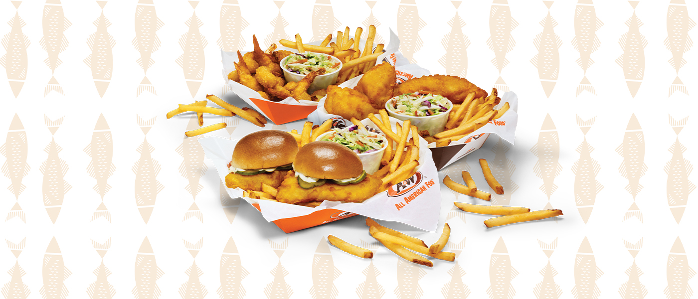 Background has drawings of fish. 3 Pub Style Baskets are featured: Cod, Shrimp, and Cod Sliders. Each basket contains fries and coleslaw.
